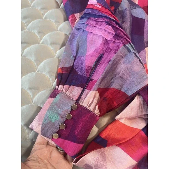 Portmans Blouse Womens 8 Navy Blue Pink Floral Wrap Waist Tie Balloon Sleeve - Picture 8 of 8